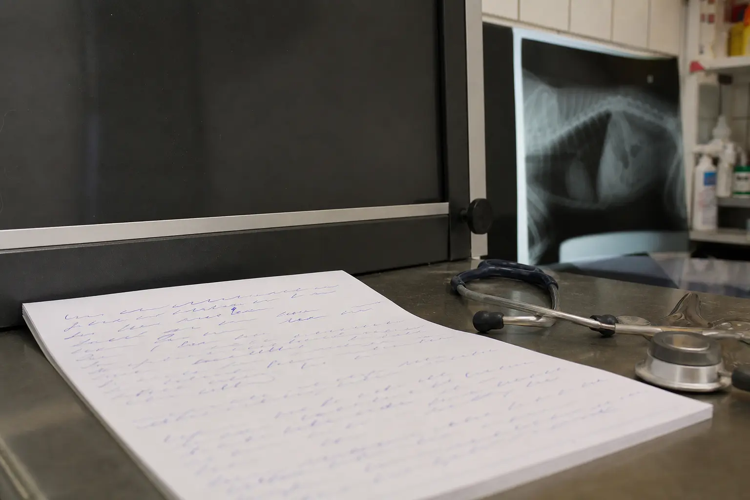 Un compte rendu vétérinaire manuscrit posé près d'un stéthoscope et d'une radiographie fixée sur un négatoscope éteint