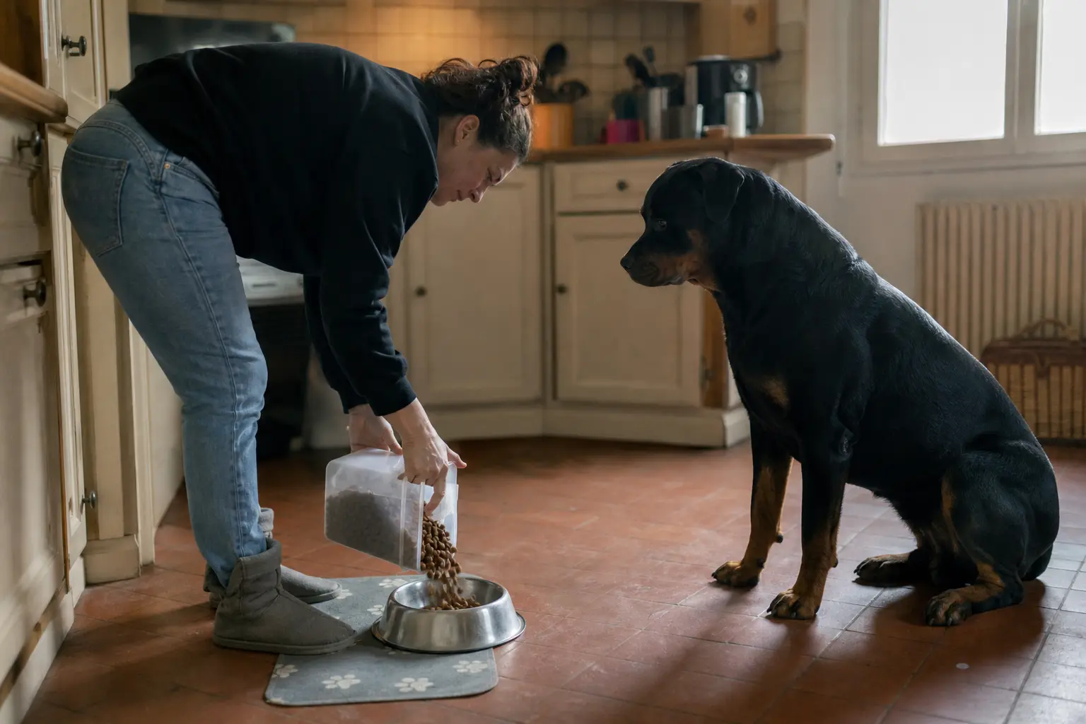 Une femme verse des croquettes dans la gamelle de son Rottweiler qui attend assis