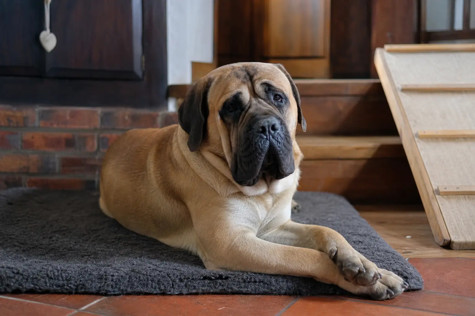 Grand chien molossoïde couché sur un tapis épais antidérapant, près d'une rampe d'accès en bois, dans un intérieur tamisé