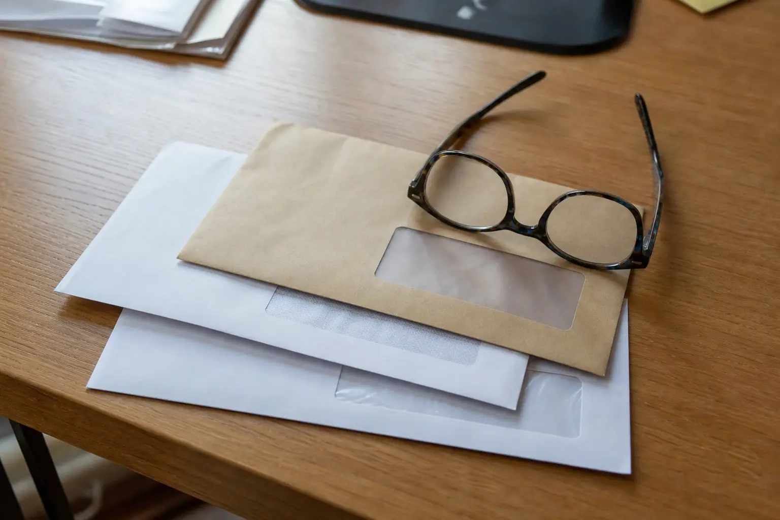 Trois enveloppes de courrier d'entreprises différentes étalées en éventail sur un bureau, avec une paire de lunettes posée dessus.