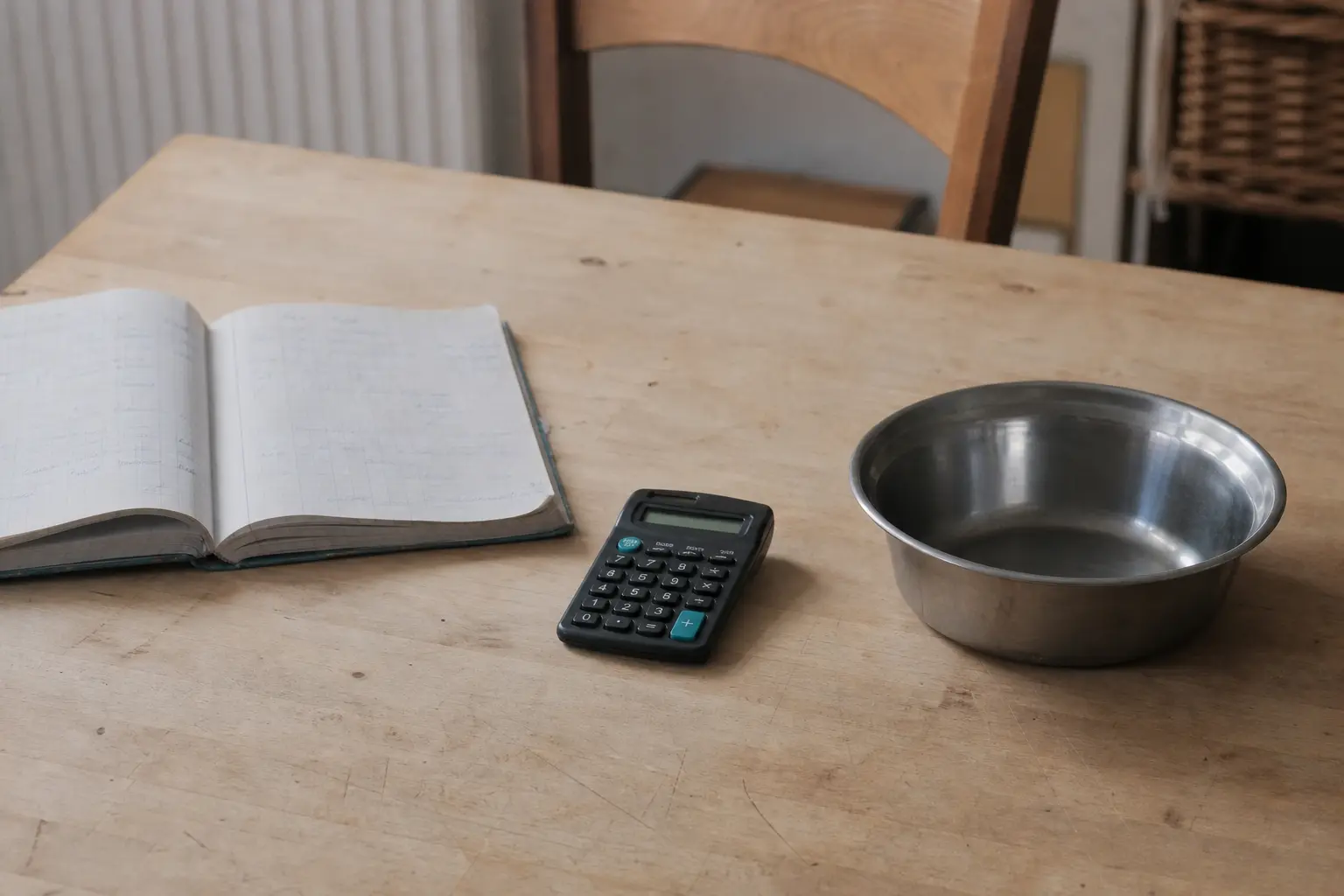 Un carnet de comptes manuscrit, une calculatrice et une gamelle de chien posés côte à côte sur une table de cuisine