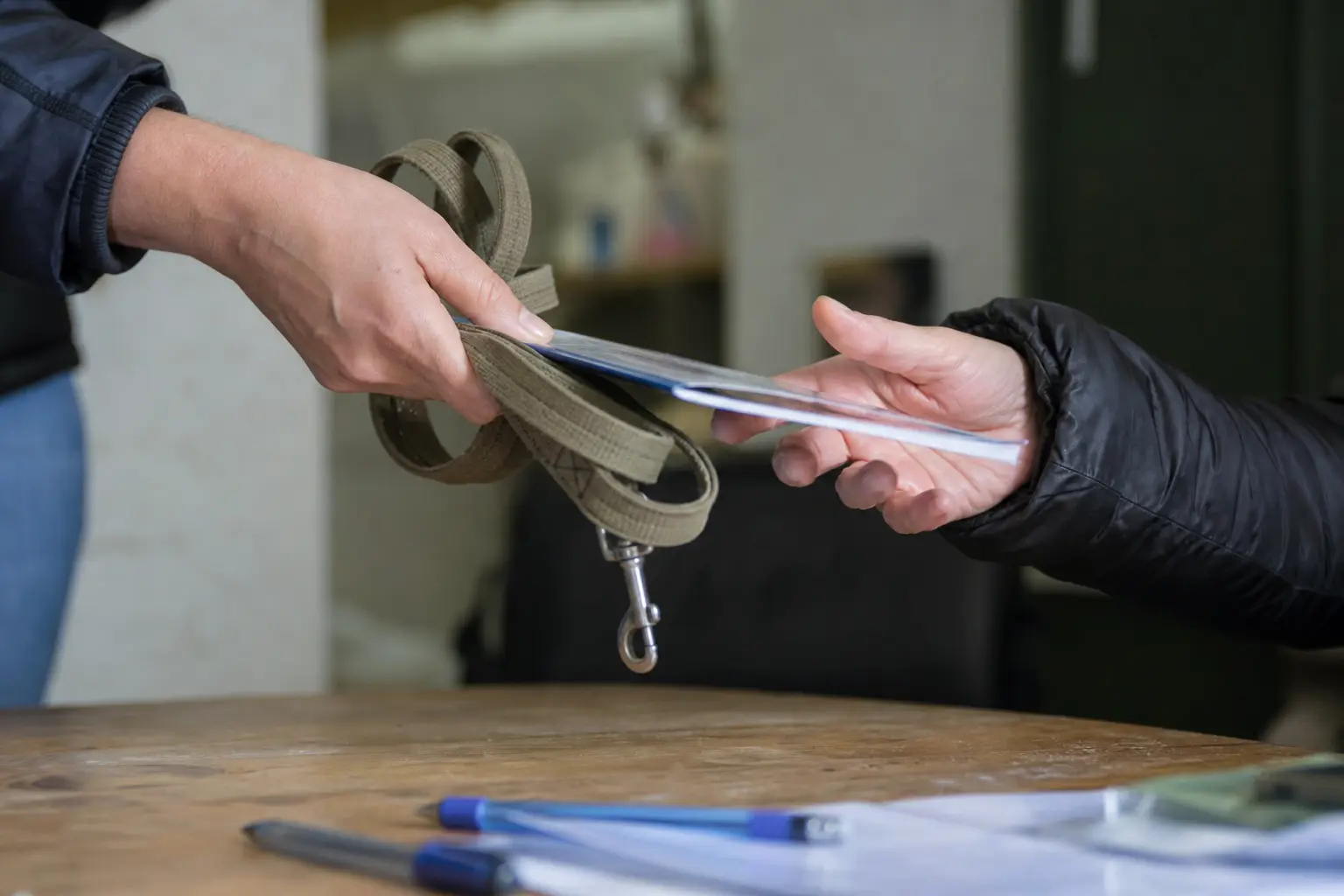 Deux paires de mains d'adultes se transmettent une laisse et un carnet de santé au-dessus d'une table