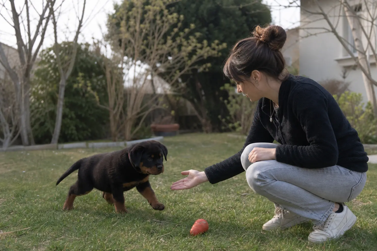 Un chiot Rottweiler joue sur l'herbe d'un jardin pendant qu'une jeune femme accroupie lui tend la main
