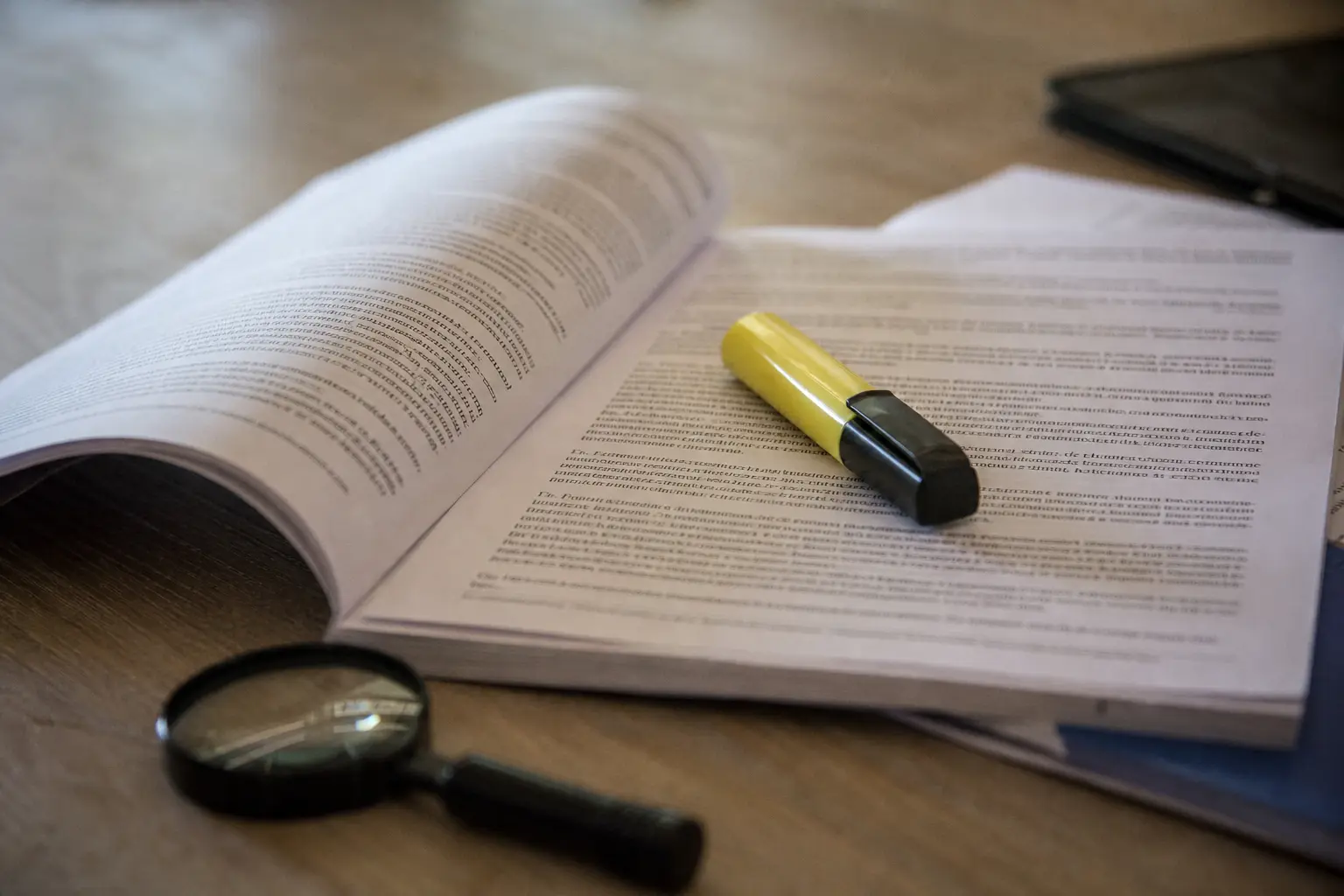 Une liasse de conditions générales d'assurance ouverte sur une table, un surligneur jaune posé dessus et une loupe à côté, le texte restant illisible.