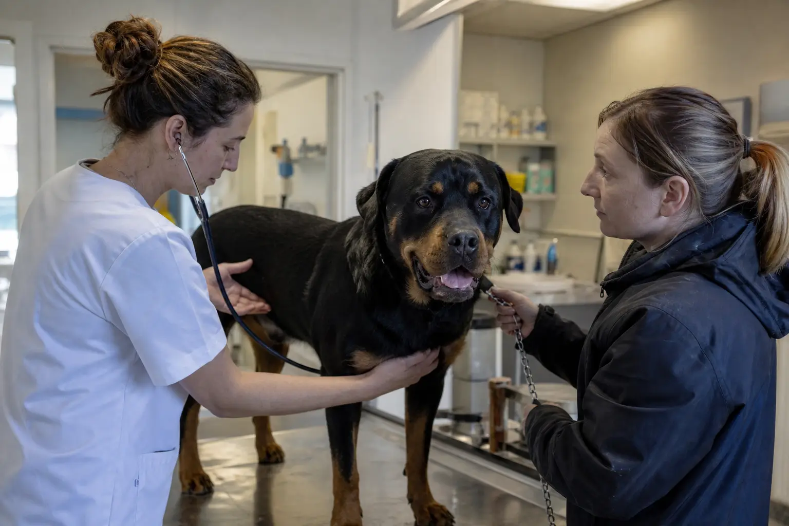 Une vétérinaire ausculte au stéthoscope un Rottweiler debout sur une table d'examen