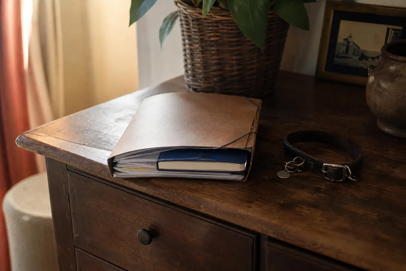 Pochette cartonnée de documents et carnet de santé posés sur un buffet ancien à côté d'un collier de chien, en fin de journée
