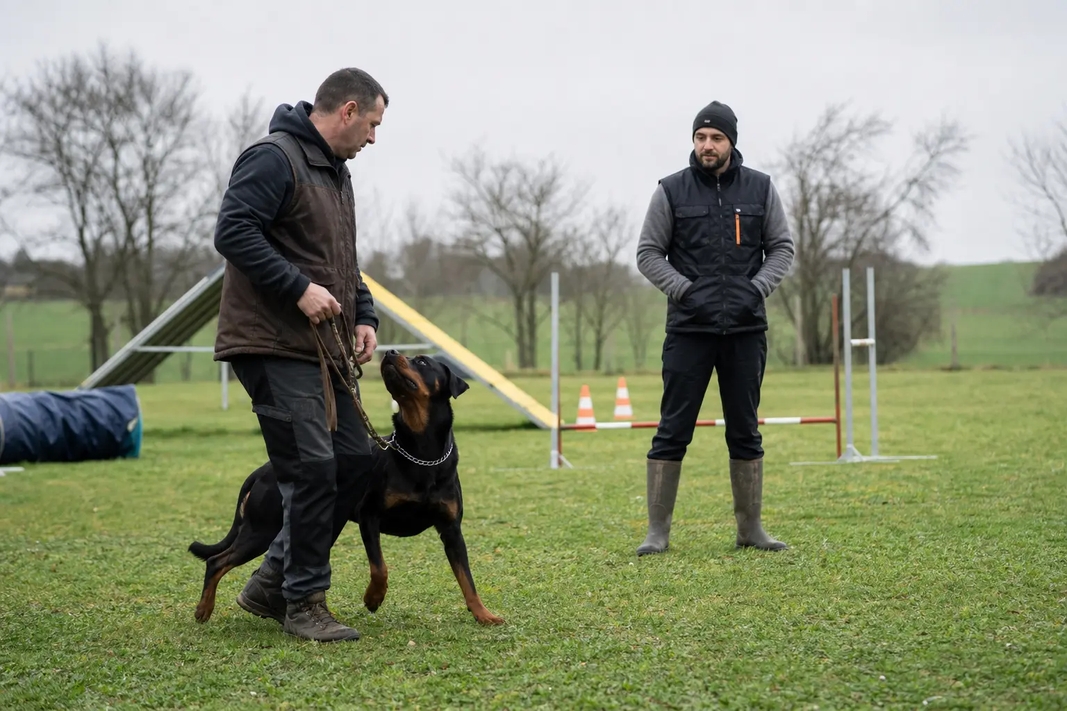 Travail d'obéissance avec un Rottweiler sur un terrain d'éducation canine