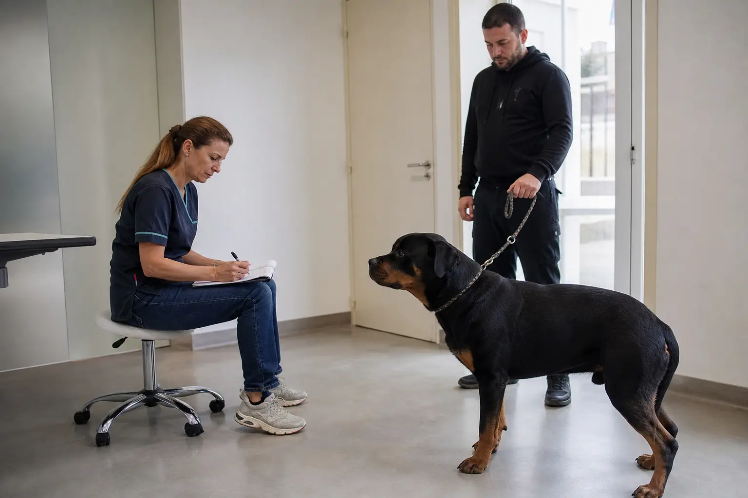 Une vétérinaire observe un Rottweiler tenu en laisse par son maître et prend des notes
