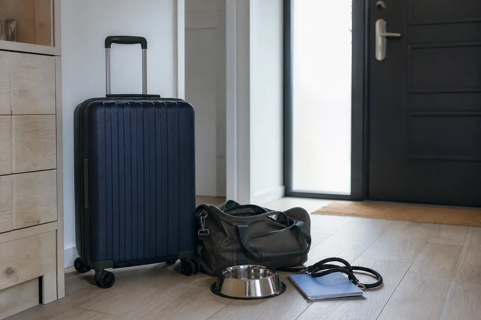 Une valise fermée dans une entrée de maison, posée à côté d'un sac contenant une laisse, une gamelle et un carnet de santé