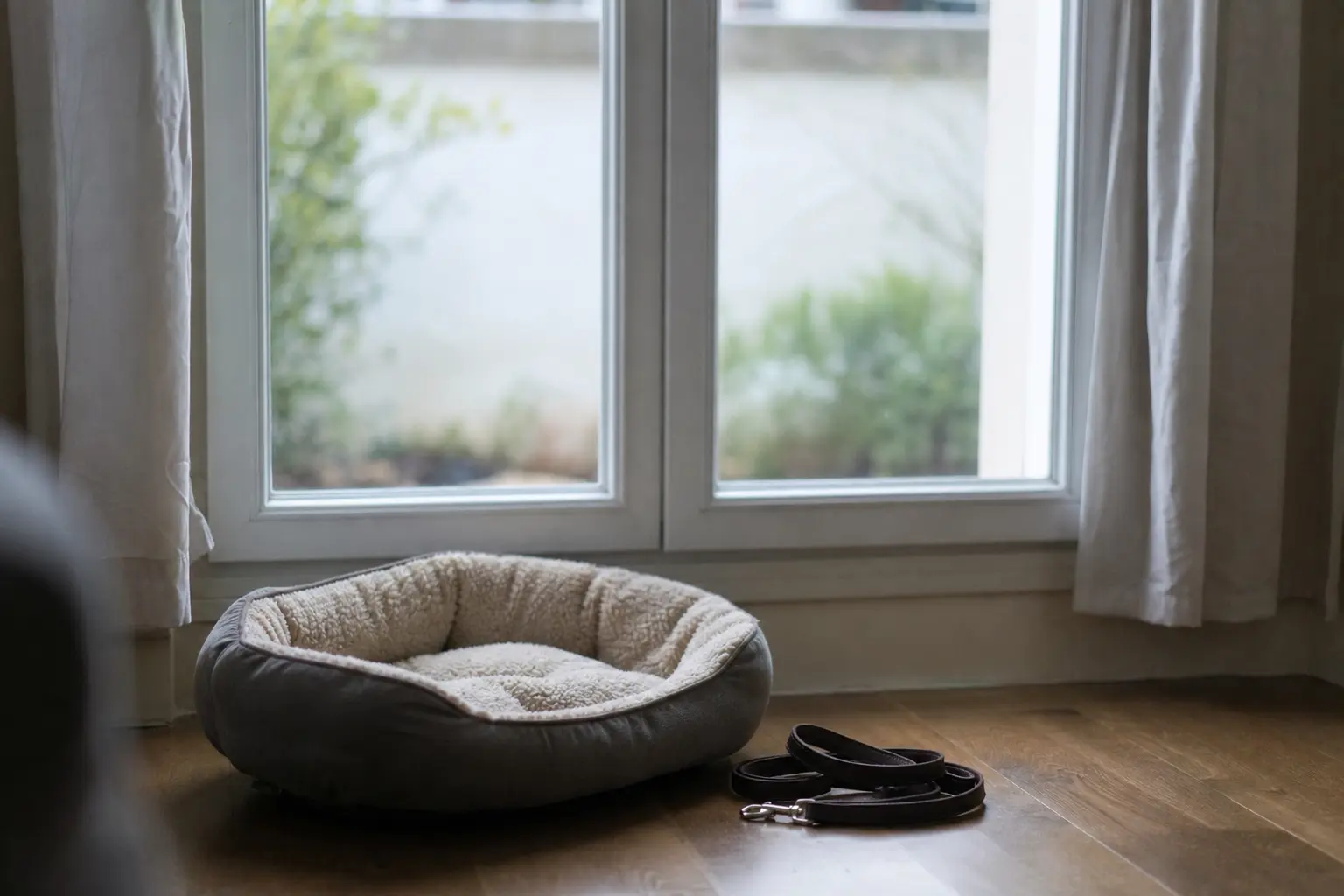 Coussin de chien vide devant une fenêtre baignée de lumière douce, une laisse posée à côté