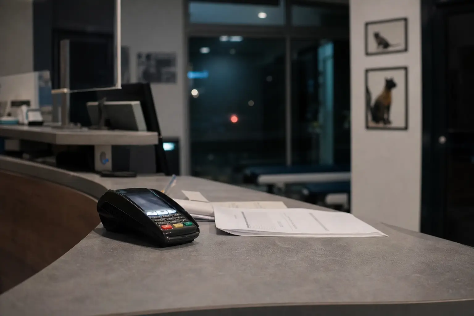 Un terminal de paiement et une facture posés sur le comptoir d'accueil d'une clinique vétérinaire éclairée la nuit, sans montant lisible ni personne visible
