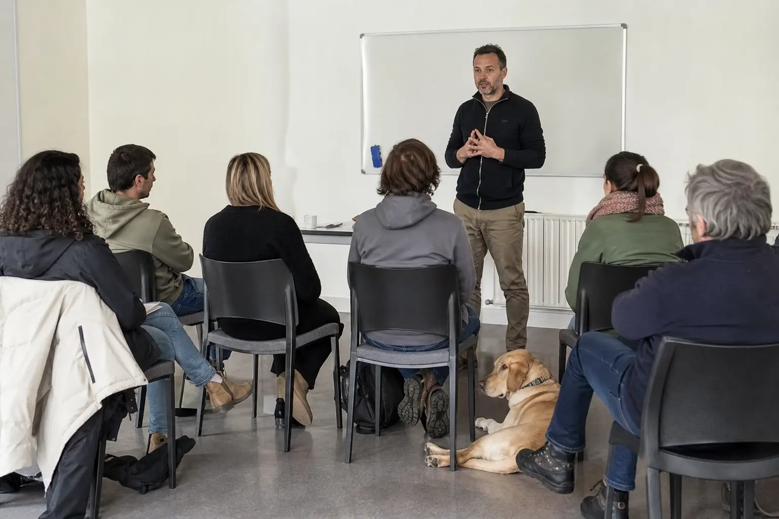 Un formateur canin explique devant un petit groupe d'adultes assis dans une salle de formation