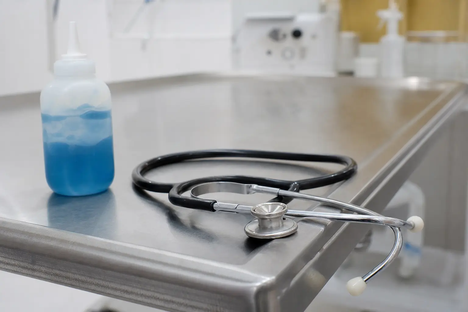 Stéthoscope posé sur une table d'examen vétérinaire en inox, à côté d'un flacon de gel d'échographie