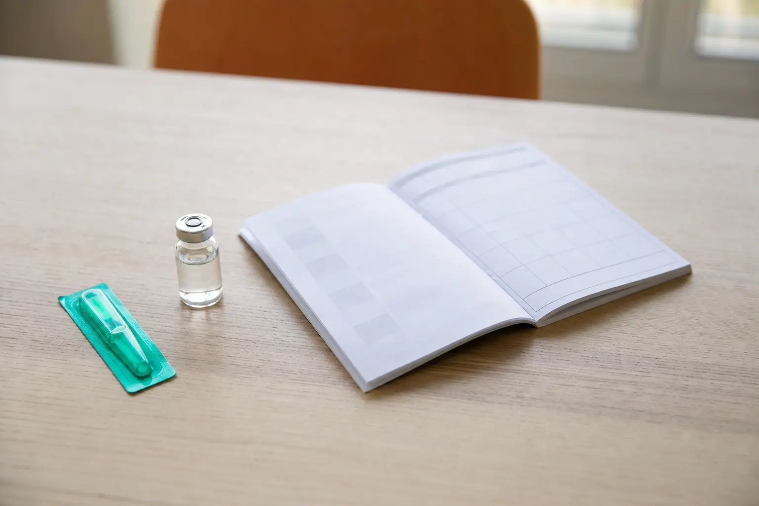 Un carnet de santé animal ouvert posé près d'une pipette antiparasitaire et d'un flacon de vaccin scellé sur une table claire