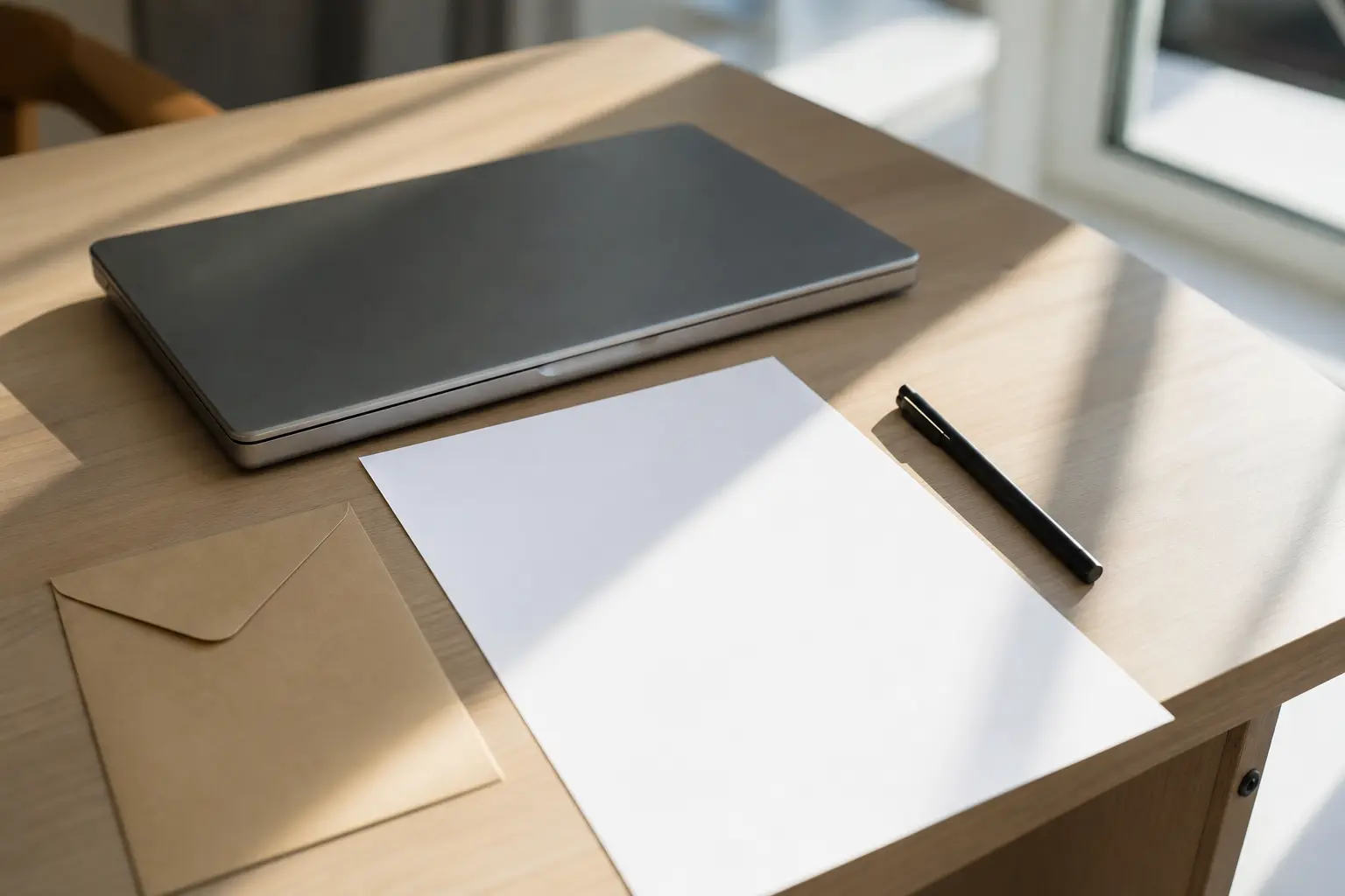 Une feuille de papier blanche, un stylo et une enveloppe posés sur un bureau clair à côté d'un ordinateur portable fermé
