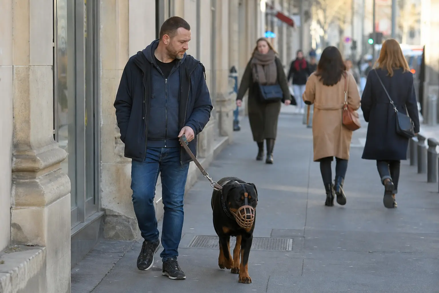 Promenade urbaine d'un Rottweiler tenu en laisse courte
