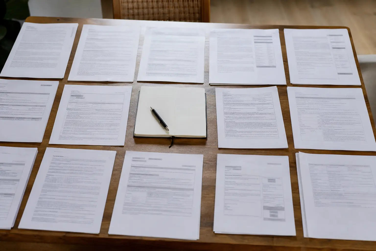 Plusieurs contrats d'assurance étalés en grille sur une grande table en bois, avec un carnet de notes ouvert au centre, vus en plongée