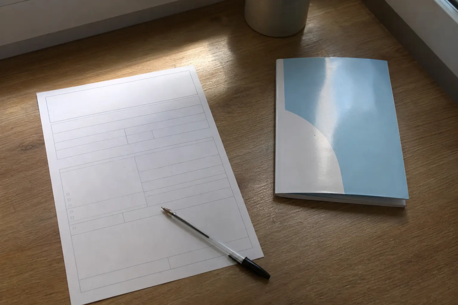 Un formulaire papier vierge et un stylo posés sur un bureau à côté d'un carnet de santé animal fermé, vus en plongée