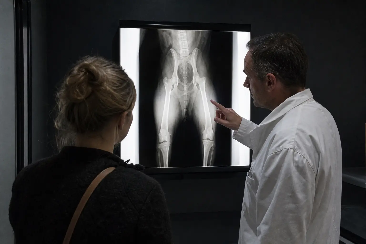 Un vétérinaire analyse la radiographie du bassin d'un grand chien sur un négatoscope