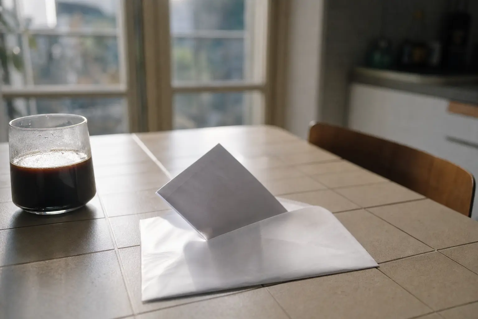 Une lettre pliée sortant d'une enveloppe blanche posée sur une table de cuisine à côté d'une tasse de café, dans la lumière du matin