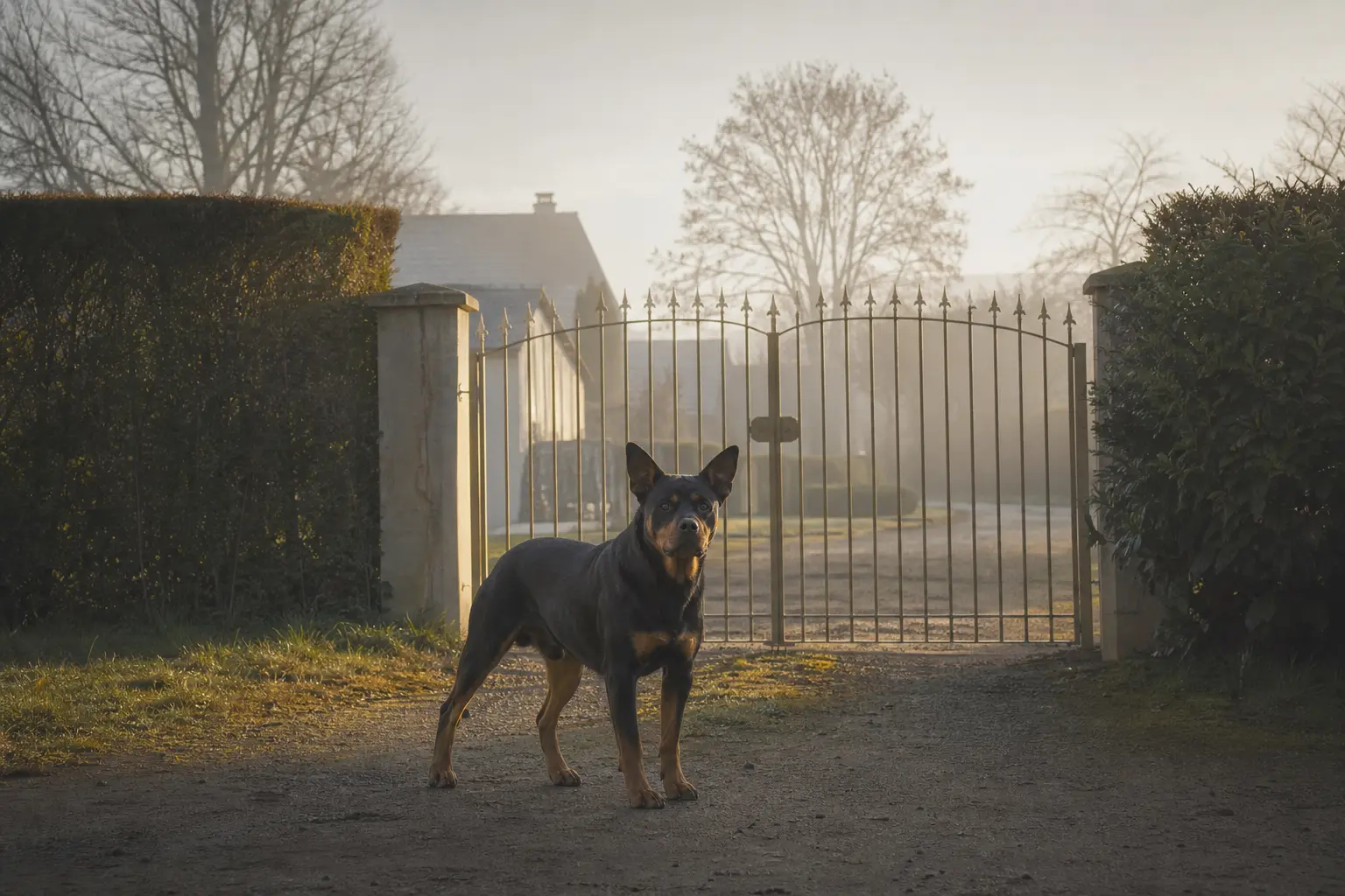 Rottweiler adulte devant le portail d'une propriété au petit matin