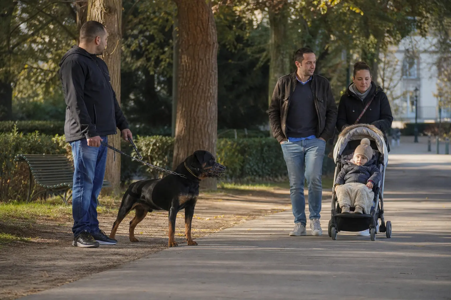 Un homme tient fermement en laisse courte son Rottweiler muselé tandis qu'une famille passe dans une allée de parc