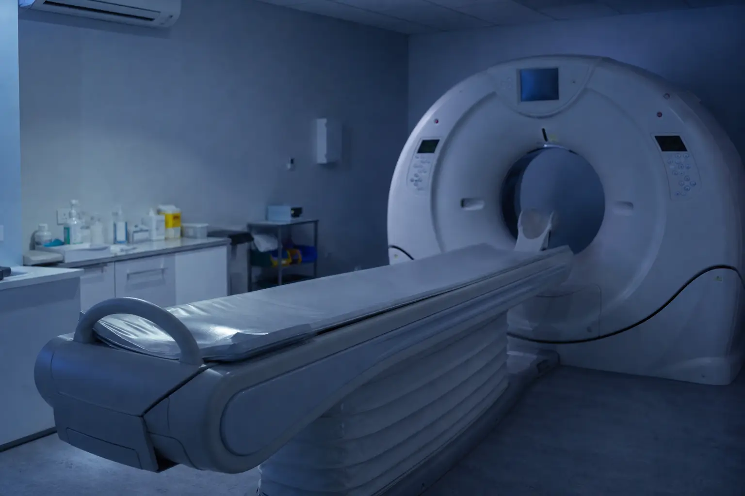 Salle d'imagerie vétérinaire avec un scanner à l'arrêt et une table d'examen vide, éclairée d'une lumière bleutée, sans personne ni animal