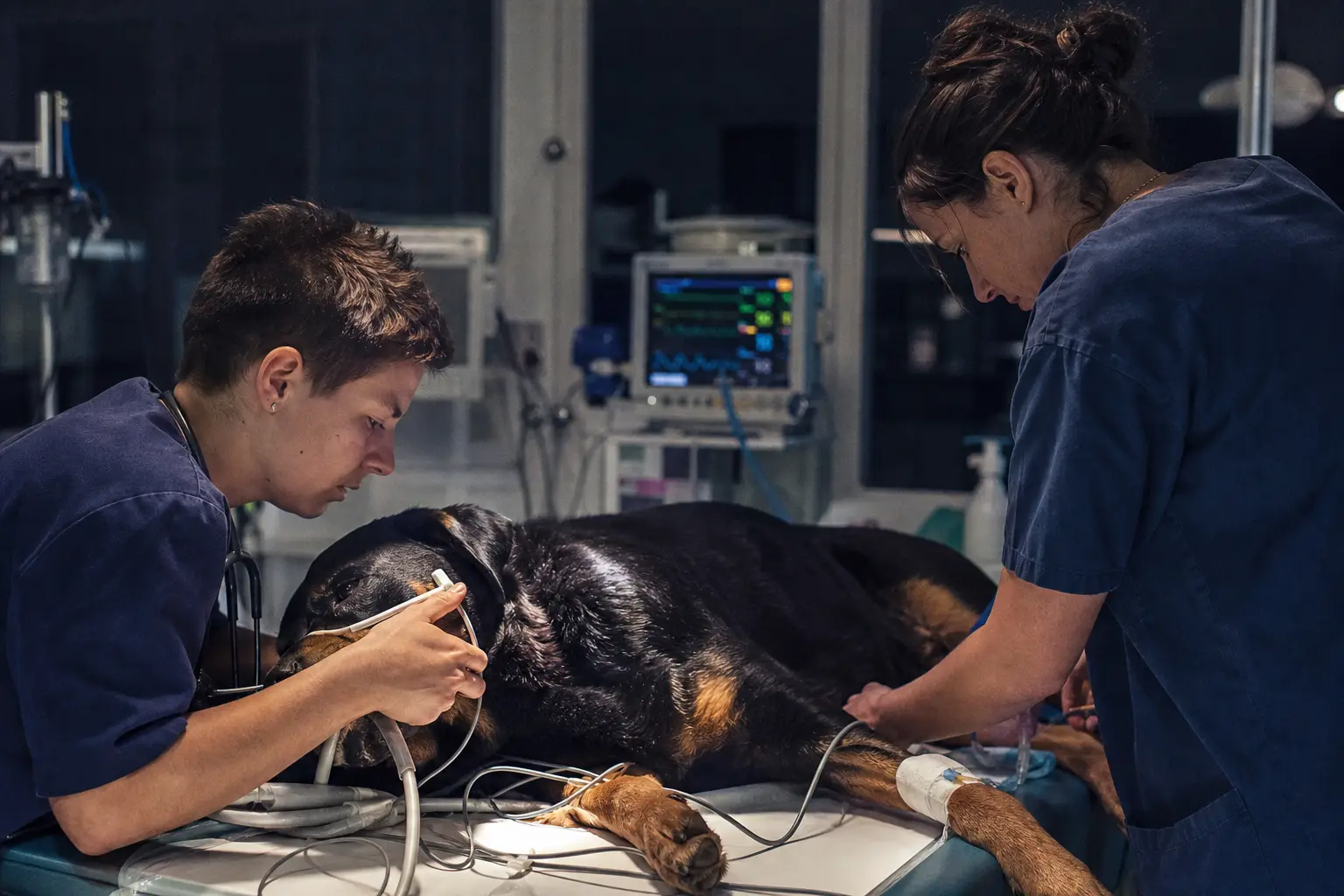Deux soignants s'occupent d'un grand chien sous perfusion dans une salle d'urgence vétérinaire de nuit