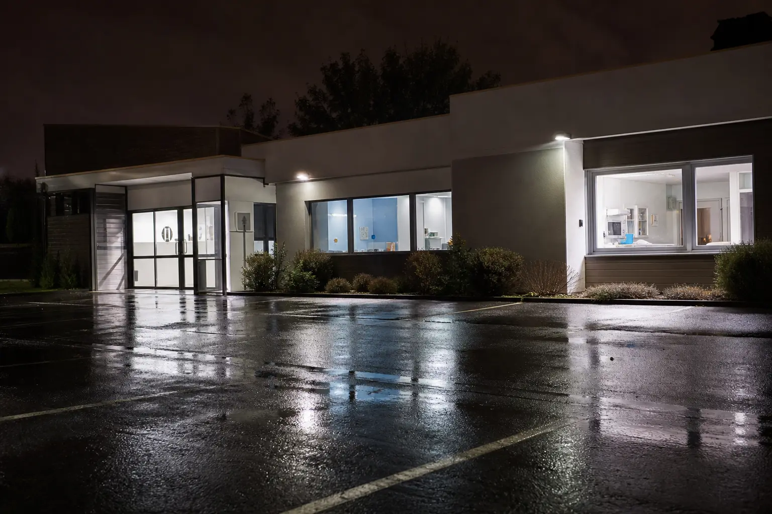 Façade éclairée d'une clinique vétérinaire ouverte la nuit, vue depuis un parking mouillé où la lumière se reflète sur l'asphalte